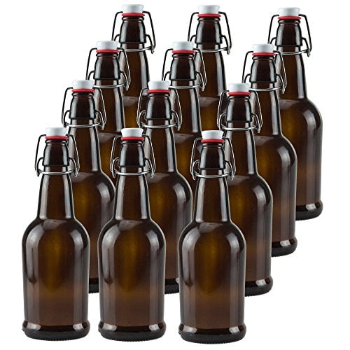 16 oz Amber Glass Beer Bottles for Home Brewing 12 Pack with Flip Caps