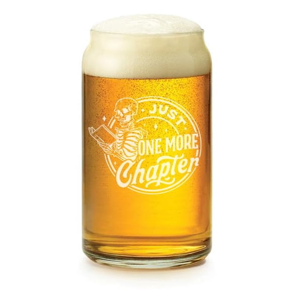 16 oz Beer Can Glass Gift Reading Skeleton Just One More Chapter Book Lover