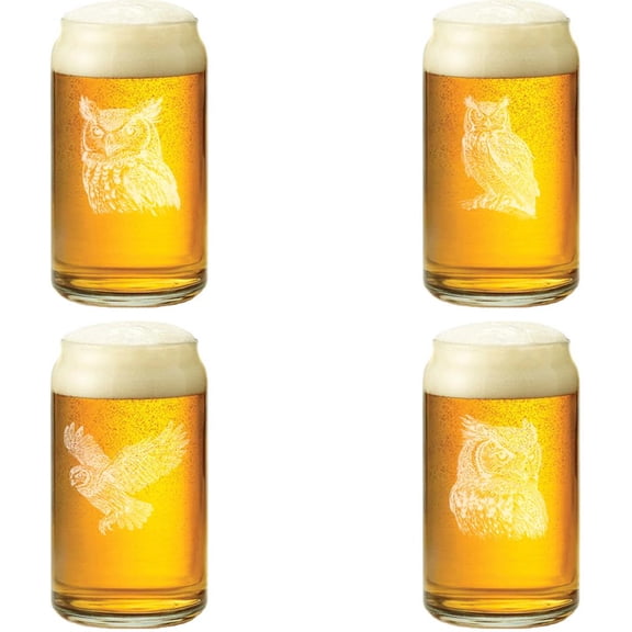 16 oz Beer Can Glass Gift Set of 4 Owl Collection