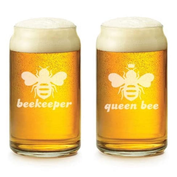 16 oz Beer Can Glass Set of 2 Queen Bee Beekeeper Funny Couple His and Her, Bride and Groom, Wedding, Engagement, Anniversary, Bridal Shower