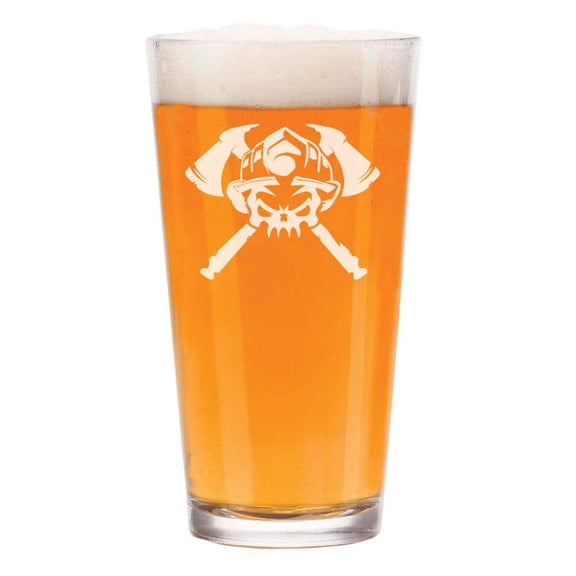 16 oz Beer Pint Glass Firefighter Skull
