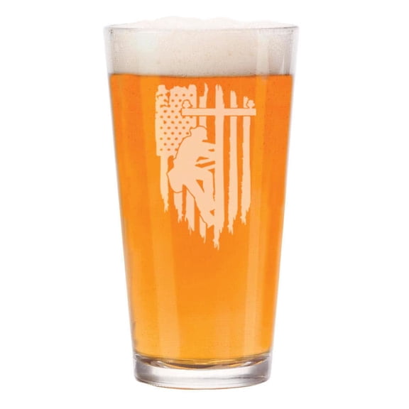 16 oz Beer Pint Glass Gift Lineman American Flag