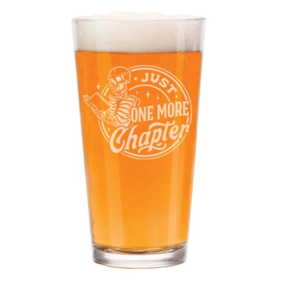 16 oz Beer Pint Glass Gift Reading Skeleton Just One More Chapter Book Lover
