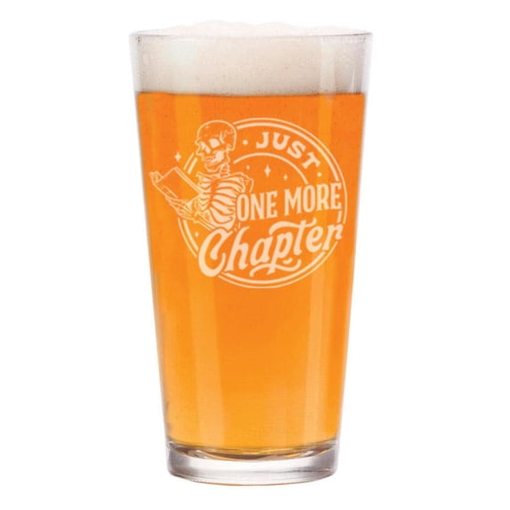 16 oz Beer Pint Glass Gift Reading Skeleton Just One More Chapter Book Lover
