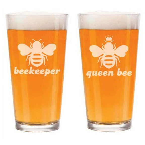 16 oz Beer Pint Glass Gift Set Of 2 Queen Bee Beekeeper Funny Couple His and Her, Bride and Groom, Wedding, Engagement, Anniversary, Bridal Shower