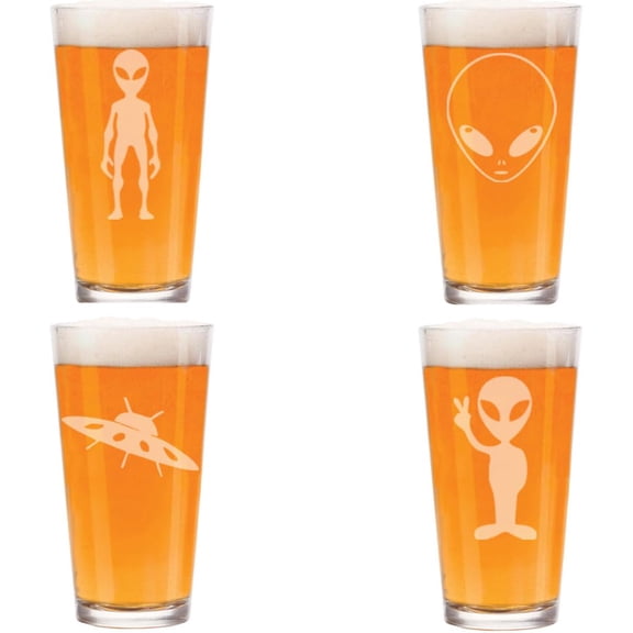 16 oz Beer Pint Glass Gift Set Of 4 Alien Collection
