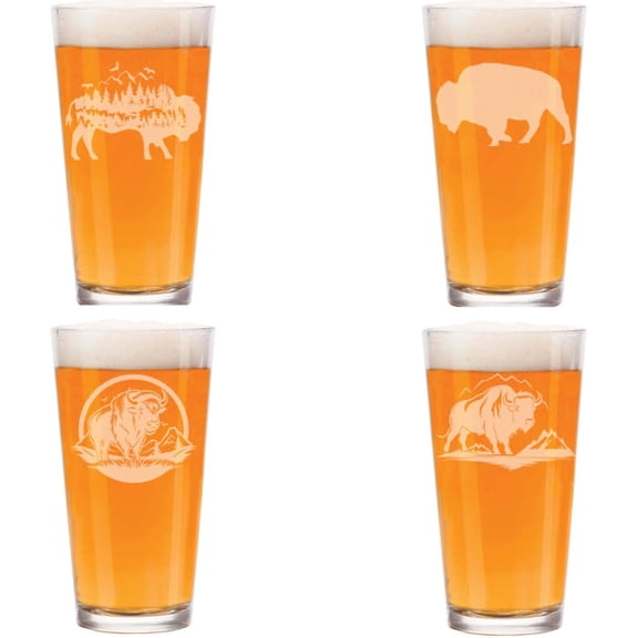 16 oz Beer Pint Glass Gift Set Of 4 Buffalo Bison Collection