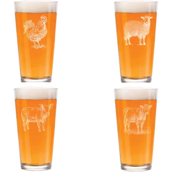 16 oz Beer Pint Glass Gift Set Of 4 Farm Animals Collection