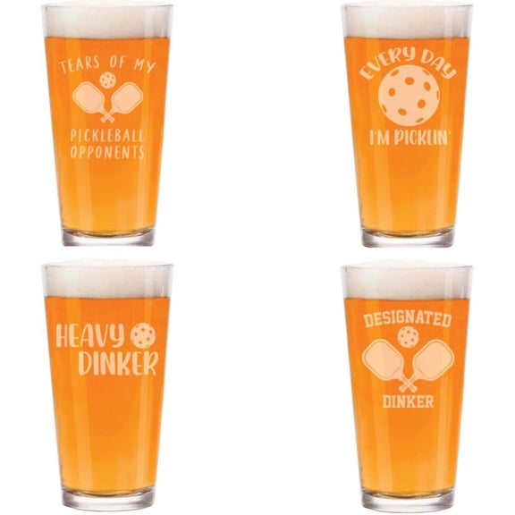 16 oz Beer Pint Glass Gift Set Of 4 Funny Pickleball Collection