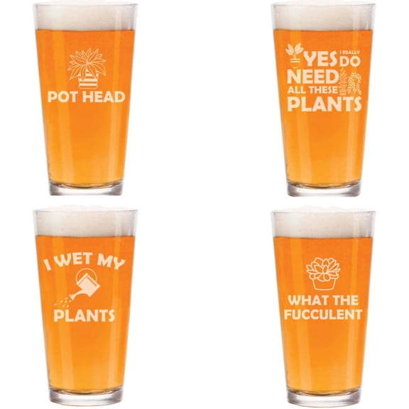 16 oz Beer Pint Glass Gift Set Of 4 Funny Plant Lover Gardener