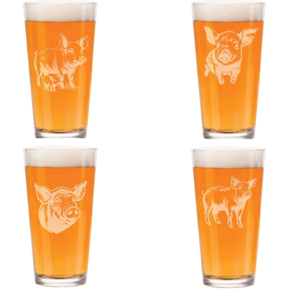 16 oz Beer Pint Glass Gift Set Of 4 Pig Collection