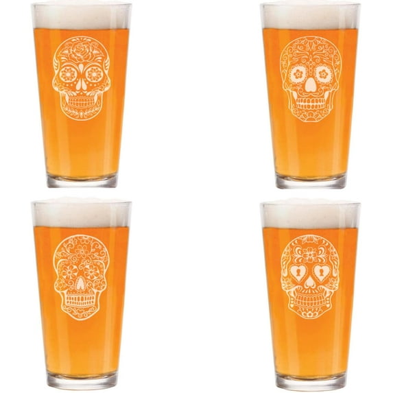 16 oz Beer Pint Glass Gift Set Of 4 Sugar Skull Collection