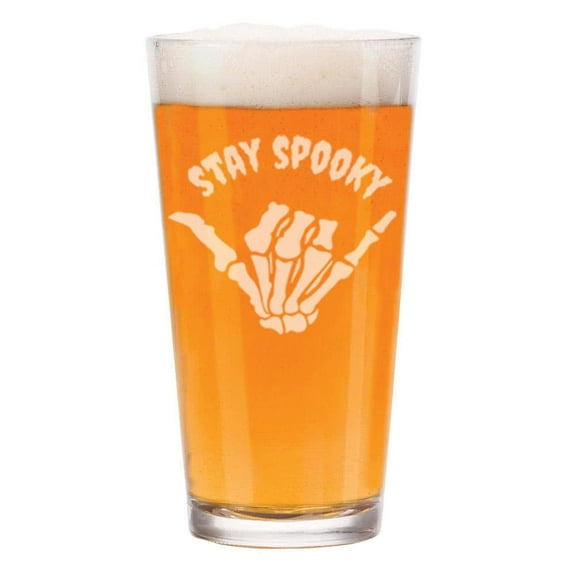 16 oz Beer Pint Glass Gift Stay Spooky Skeleton Hand Halloween