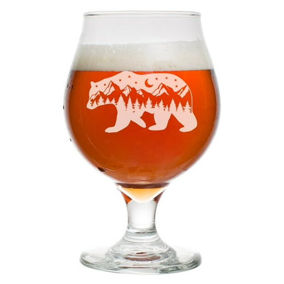 16 oz Belgian Beer Tulip Glass Stemmed Beer Glass Bear Mountains Forest Cabin