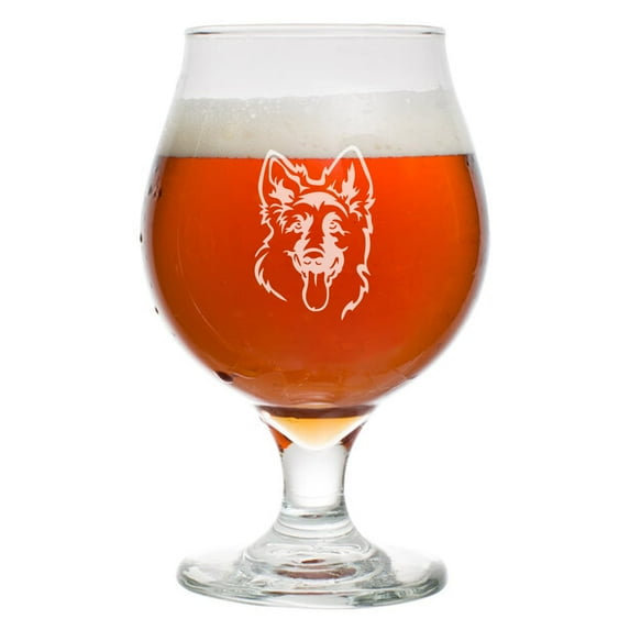 16 oz Belgian Beer Tulip Glass Stemmed Beer Glass German Shepherd Face