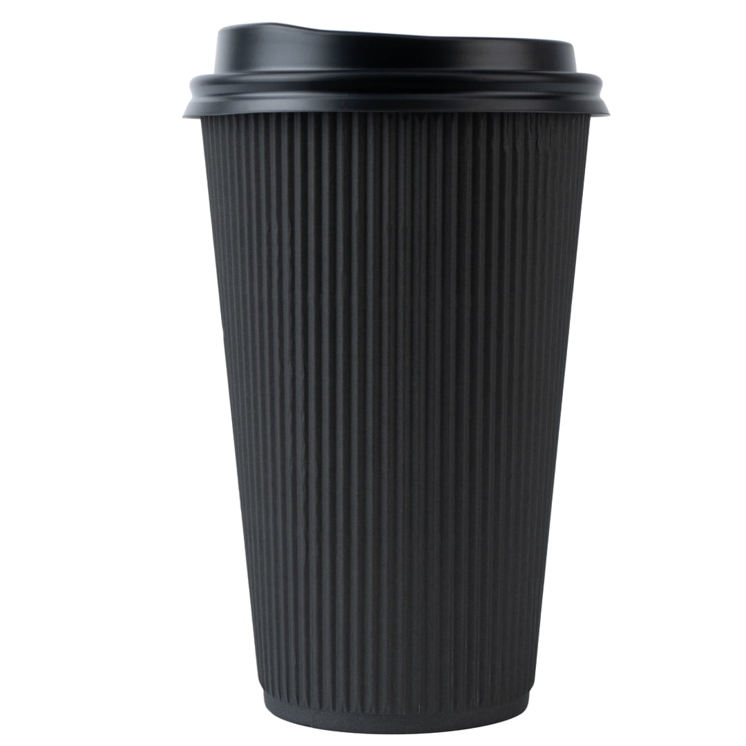 16 oz Yellow Paper Ripple Wall Coffee Cup - with White Lid - 3 1/2 inch x 3 1/2 inch x 6 1/4 inch - 200 Count Box