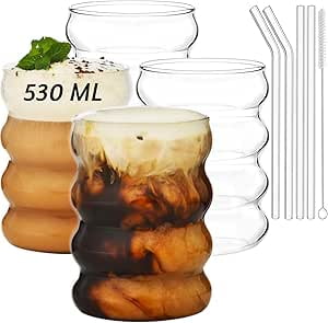 16 oz Bubble Drinking Water Glasses Tumblers- Glass Cups Cute Ripple Shaped Vintage Ribbed Glassware- Cocktail,Soda, Juice, Coffee, Milk - Set of 4