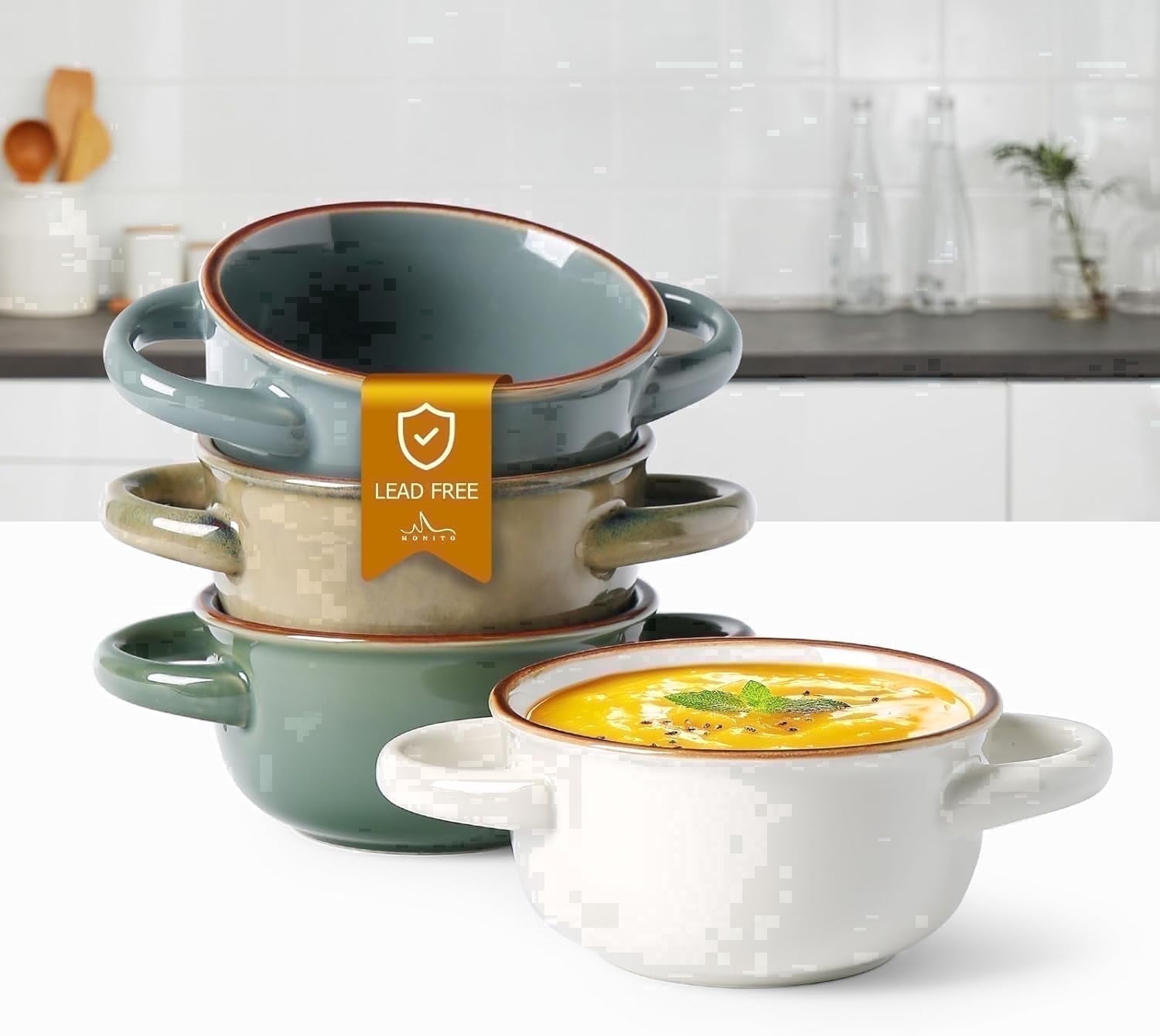 ALOFMO, Ceramic Soup Bowl Set, Multicolor, Handles, Oven Safe