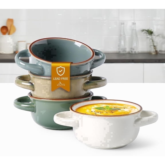 ALOFMO 16 oz Ceramic Soup Bowl Set of 4 with Handle ,French Onion Soup Bowls ,4 Pieces Ceramic Bowls Set, Oven Safe, Microwave Dishwasher Safe