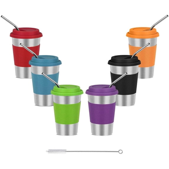 16 oz Children Kids Stainless Steel Cups with Lids, Straws, Sleeves and Brush, 6 Pack