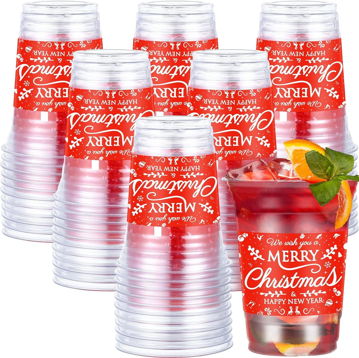 16 oz Christmas Party Cups Bulk Disposable Clear Plastic Holiday Cups