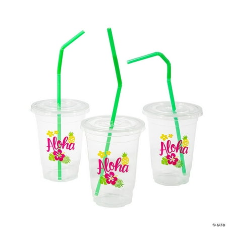 16 oz. Clear Luau Disposable Plastic Cups with Lids & Straws - 24 Count