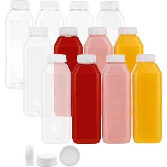 16 oz Clear Plastic Bottles with Lids for Juices, Smoothies & Milk Displastible (12-Pack)