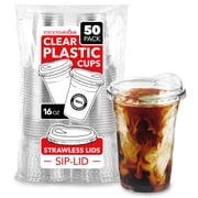 16 oz Clear Plastic Cups with Lids Disposable, Togo Drinking Cup with Strawless Sip Lid for Smoothie, Cold Brew Iced Coffee, Lemonade, Ice Latte, Boba, Party Drinks, Bulk, 16 Ounce (Set of 50)