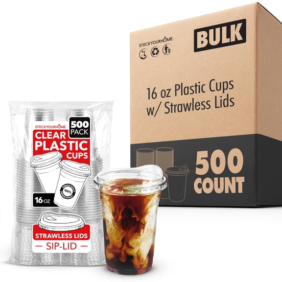 16 oz Clear Plastic Cups with Lids Disposable, Togo Drinking Cup with Strawless Sip Lid for Smoothie, Cold Brew Iced Coffee, Lemonade, Ice Latte, Boba, Party Drinks, Bulk, 16 Ounce (Set of 500)