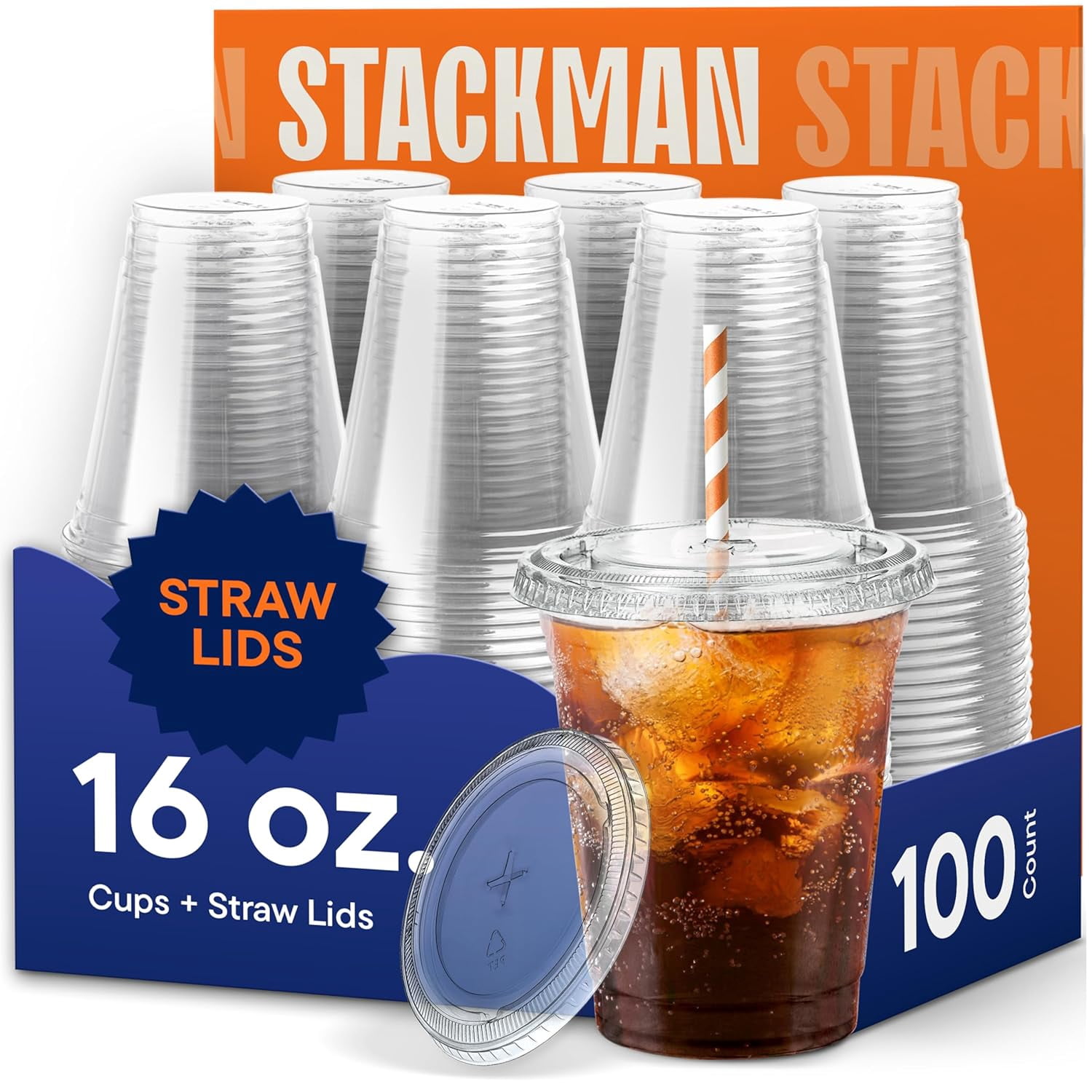 16 oz Clear Plastic Cups with Straw-Slot Lids [100 Sets] PET Crystal ...