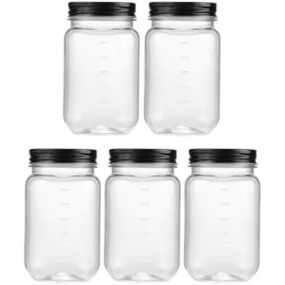 16 oz Clear Plastic Jars with Lids, Refillable 16oz Mason Jars with Lids & Storage Containers for Kitchen & Household Use (5 Pack,Black)