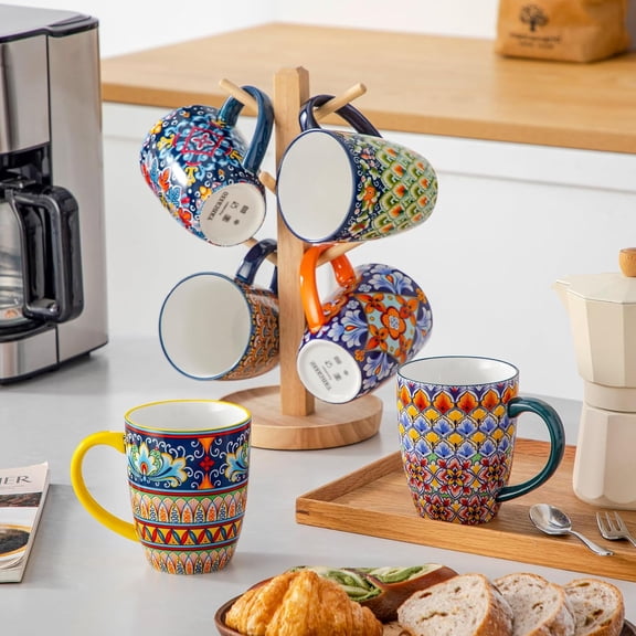 16 oz Coffee Mugs Set of 6, Large Ceramic Mug with Handle, Boho Coffee Cups for Latte, Cappuccino & Hot Chocolate, Dishwasher & Microwave Safe Gift Set, Series SIMI