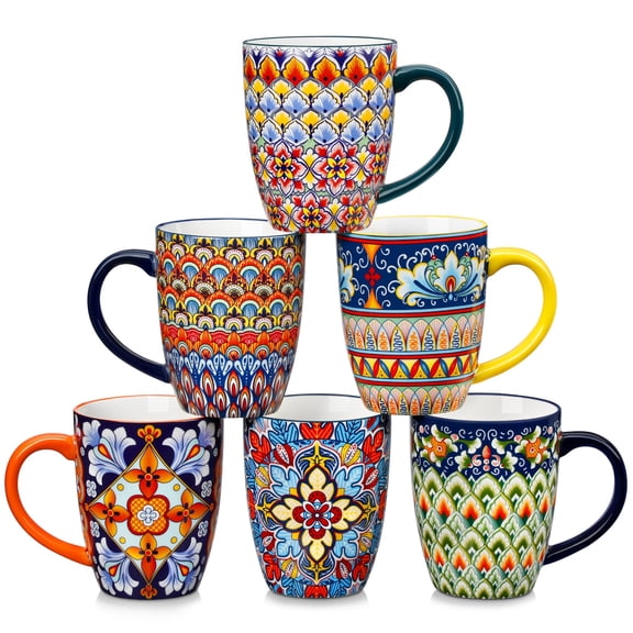 16 oz Coffee Mugs Set of 6, Large Ceramic Mug with Handle, Boho Coffee Cups for Latte, Cappuccino & Hot Chocolate, Dishwasher & Microwave Safe Gift Set