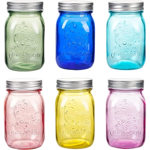 16 oz Colored Mason Jars with LidsRegular Mouth Canning Jar, 6 Pack Multifunction Glass Container, for Storage, Canning, Pickling, Preserving, Fermenting, DIY Crafts & Decor