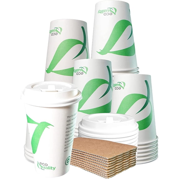16 oz Compostable Paper Cups with White Dome Lids and Sleeves - Biodegradable Disposable White Paper Coffee Cups PLA Lined - Eco-friendly Hot and Cold Drinking Cups (150)
