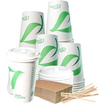 16 oz Compostable Paper Cups with White Dome Lids, Sleeves and Wooden Stirrers - Biodegradable Disposable White Paper Coffee Cups PLA Lined - Eco-friendly Hot and Cold Drinking Cups (25)
