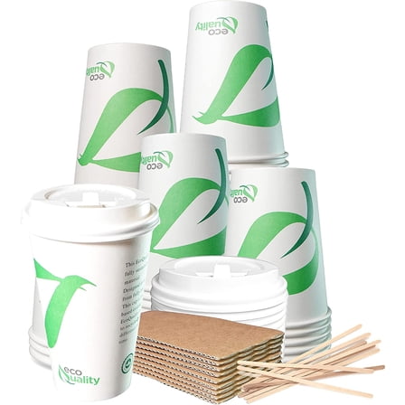 16 oz Compostable Paper Cups with White Dome Lids, Sleeves and Wooden Stirrers - Biodegradable Disposable White Paper Coffee Cups PLA Lined - Eco-friendly Hot and Cold Drinking Cups (25)