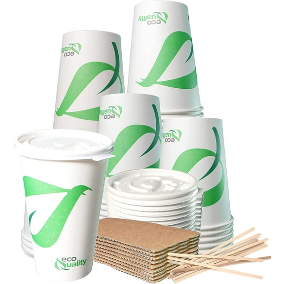 16 oz Compostable Paper Cups with White Flat Lids, Sleeves and Wooden Stirrers - Biodegradable Disposable White Paper Coffee Cups PLA Lined - Eco-friendly Hot and Cold Drinking Cups (25)