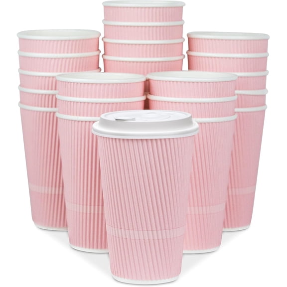 16 oz Disposable Coffee Cups With Lids 70 Pack Pink Crepe Insulated Ripple Travel Cups