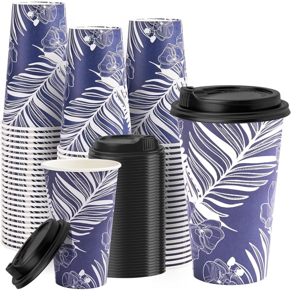 16 oz Disposable Coffee Cups with 100 Pack, Blue Paper Coffee Cups with , To Go Cup with Lid