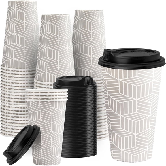 16 oz Disposable Coffee Cups with 100 Pack, Grey Paper Coffee Cups with , To Go Cup with Lid