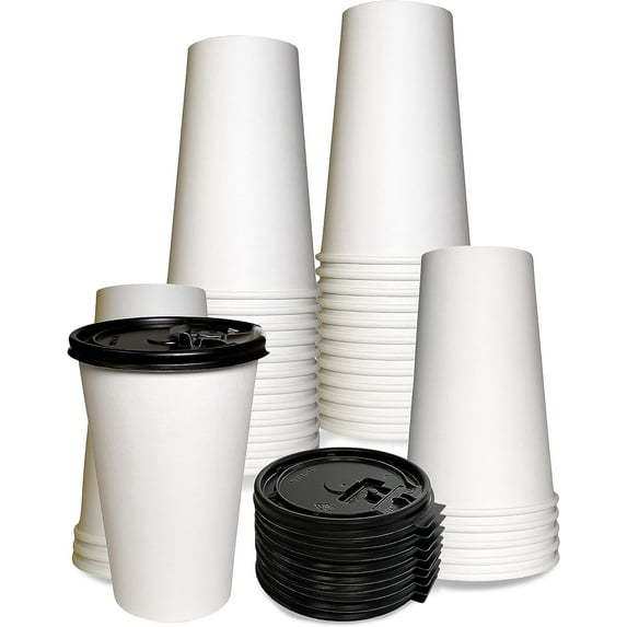 16 oz Disposable White Paper Coffee Cups with Black Flat Lids, Recyclable Hot/Cold Beverage Paper Drinking Cups with Lids for Tea, Water, Coffee, Travel, Picnic, Breakroom, Office (100 Pack)