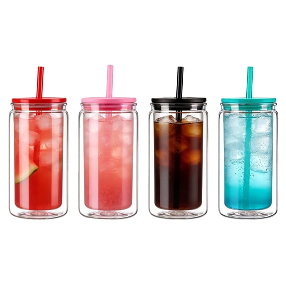 16 oz Double Wall PC Mason Jar with Straw & Lid - Reusable Plastic Cup, Great for Juice, Coffee, Cold Drinks, Travel, Camping & Holiday Gifts