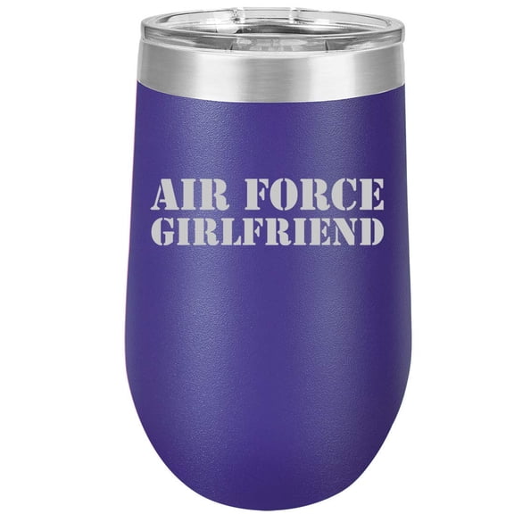 16 oz Double Wall Vacuum Insulated Stainless Steel Stemless Wine Tumbler Glass Coffee Travel Mug With Lid Air Force Girlfriend (Purple)