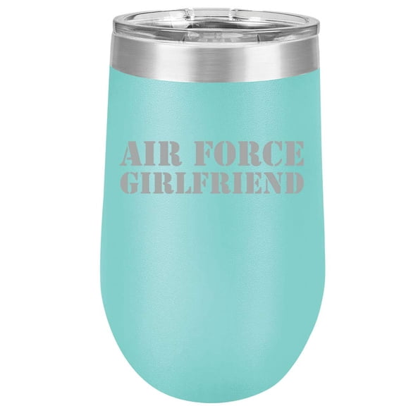 16 oz Double Wall Vacuum Insulated Stainless Steel Stemless Wine Tumbler Glass Coffee Travel Mug With Lid Air Force Girlfriend (Teal)