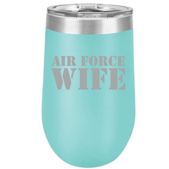 16 oz Double Wall Vacuum Insulated Stainless Steel Stemless Wine Tumbler Glass Coffee Travel Mug With Lid Air Force Wife (Teal)