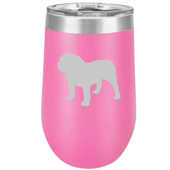 16 oz Double Wall Vacuum Insulated Stainless Steel Stemless Wine Tumbler Glass Coffee Travel Mug With Lid Bulldog (Hot Pink)