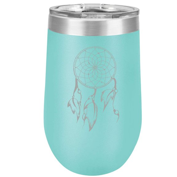 16 oz Double Wall Vacuum Insulated Stainless Steel Stemless Wine Tumbler Glass Coffee Travel Mug With Lid Dreamcatcher With Feathers (Teal)