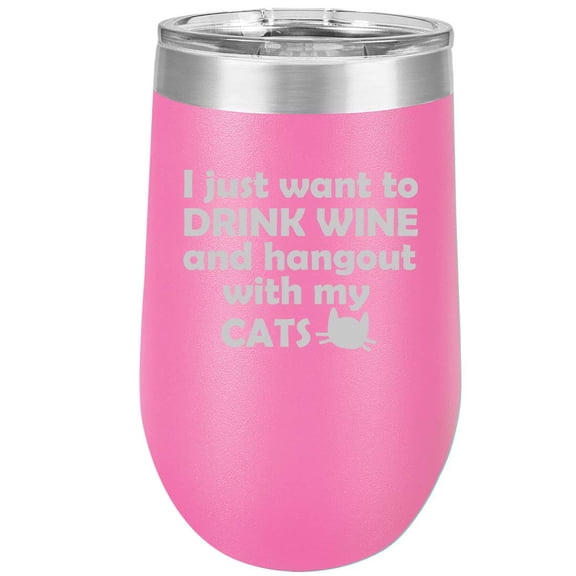 16 oz Double Wall Vacuum Insulated Stainless Steel Stemless Wine Tumbler Glass Coffee Travel Mug With Lid Drink Wine And Hang Out With Cats (Hot Pink)