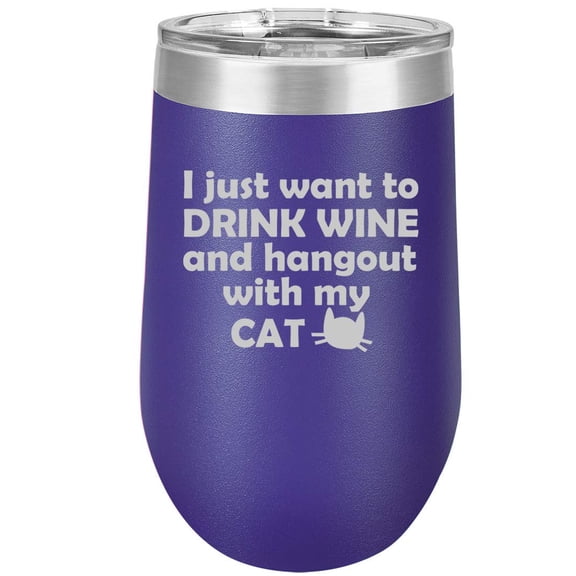 16 oz Double Wall Vacuum Insulated Stainless Steel Stemless Wine Tumbler Glass Coffee Travel Mug With Lid Drink Wine And Hang Out With Cat (Purple)